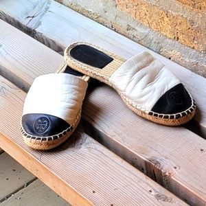 Tory Burch Flat Espadrille Mule Slide Black & White Calfskin Upper Size 7.5 M